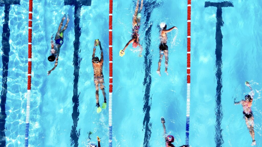 a group of children swimming and training in swimming pool at kid's sports camp